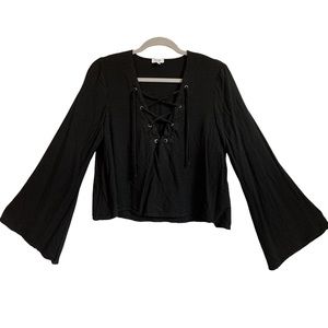 Black Tobi Lace Up Crop Bell Sleeve Top